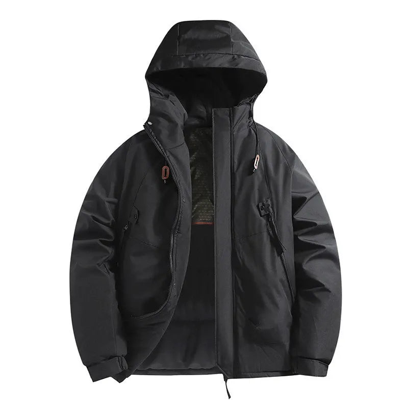 Men's black hooded padded jacket relaxed fit windproof water-resistant with zipper pockets outdoor style