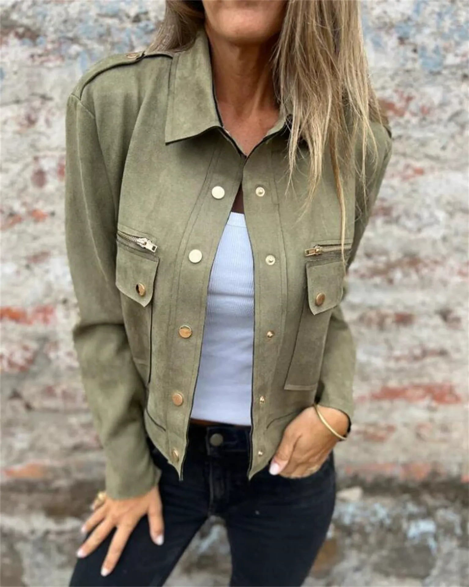Women's structured soft suede jacket classic collar zipper closure versatile luxurious outerwear