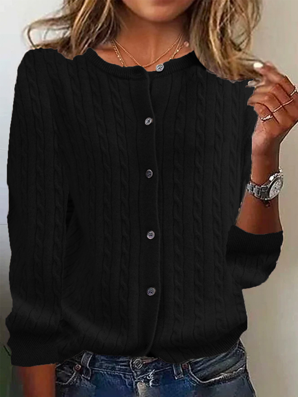 Women's wool knit cable pattern cardigan sweater relaxed fit with front buttons, cozy everyday style