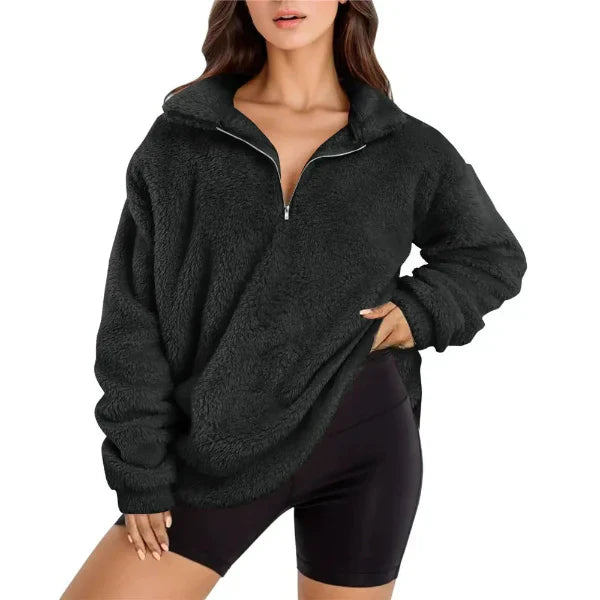 Women's oversized fleece pullover half-zip stand collar cozy layering essential for fall winter