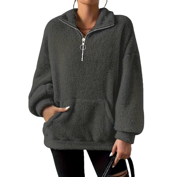 Women's fleece sweatshirt oversized half-zip stand collar with kangaroo pocket for cozy everyday comfort