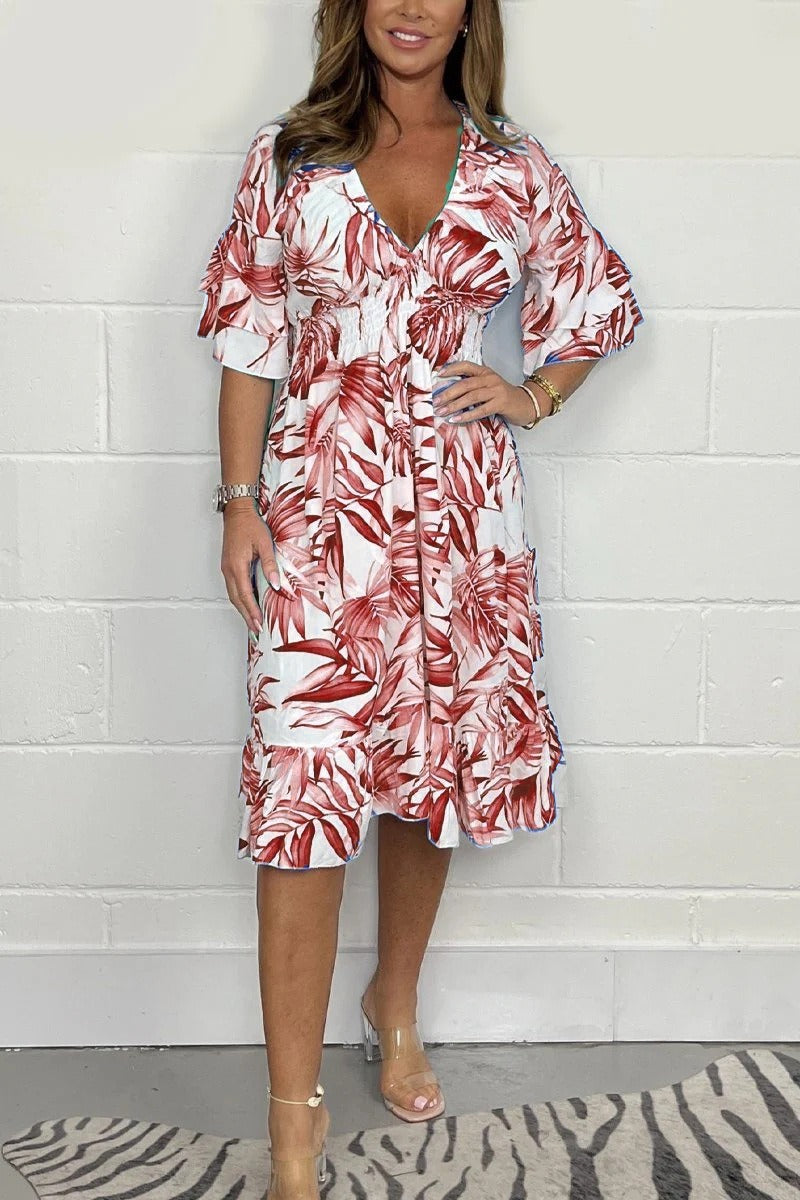 Floral midi dress women loose fit V-neck high waist ruffle sleeves feminine boho style