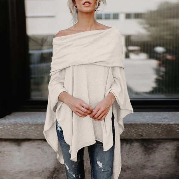 Women's off-shoulder relaxed-fit knit top with asymmetrical hem, casual chic everyday style