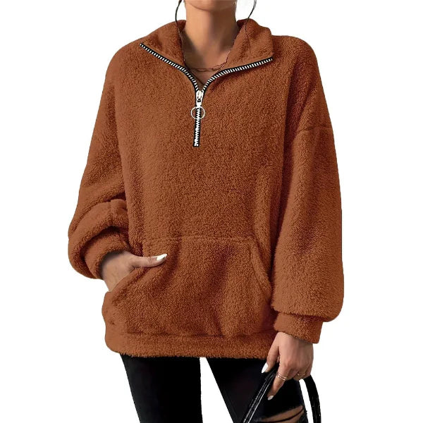 Women's fleece oversized half-zip sweatshirt with stand collar and kangaroo pocket for cozy comfort