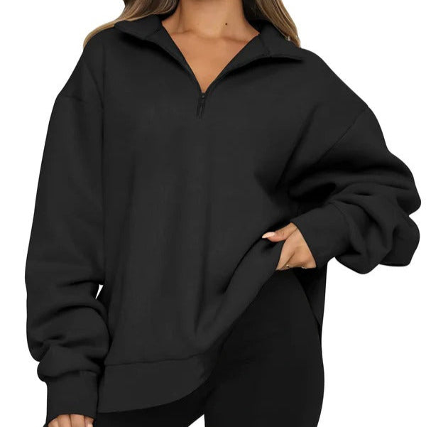 Women's oversized sweatshirt high collar short zip casual relaxed fit pullover in neutral tone
