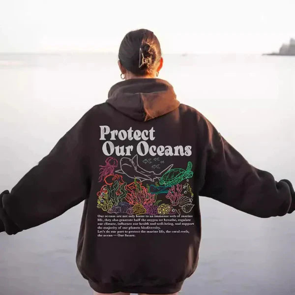 Women's oversized hoodie cotton-feel sweatshirt with marine graphic back print, casual street style