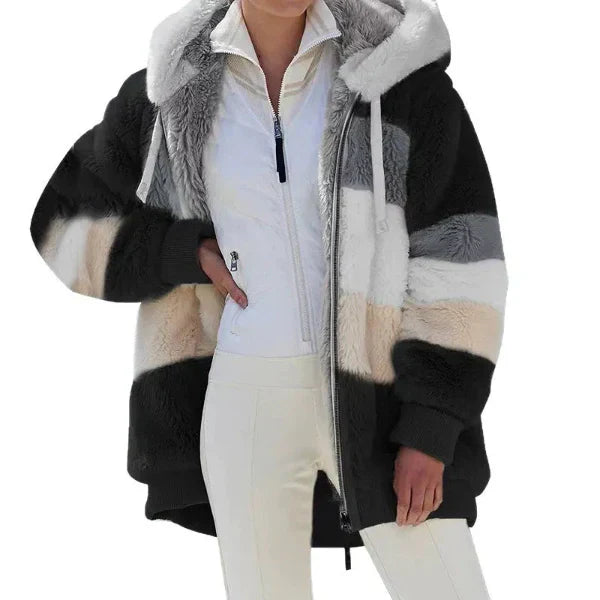 Women's oversized hooded jacket with plush faux fur lining, zip front, city chic winter style