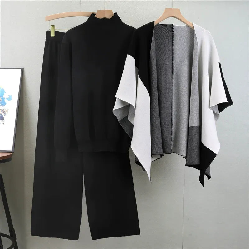 Women's knitted three-piece suit mock neck sweater wide-leg pants cape layer chic cozy knit set