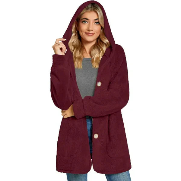 Women's oversized hooded cardigan plush furry knit with pockets cozy layering essential