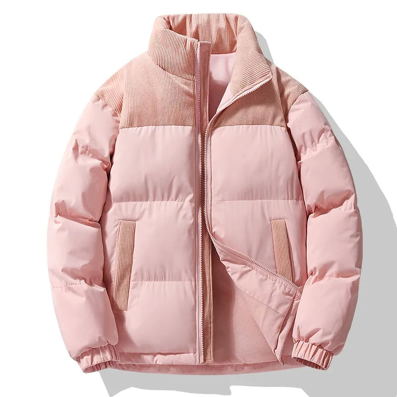 Men's oversized quilted puffer jacket with corduroy collar and full-zip closure for urban style