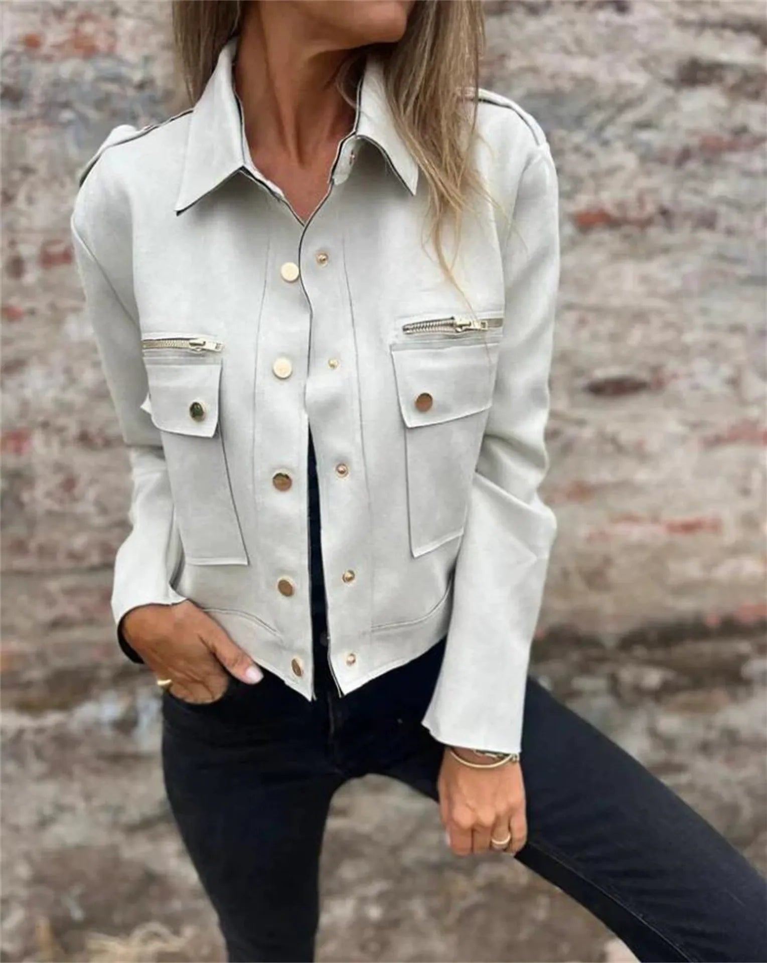 Women's tailored suede-look jacket with zipper pockets and long sleeves in modern chic style