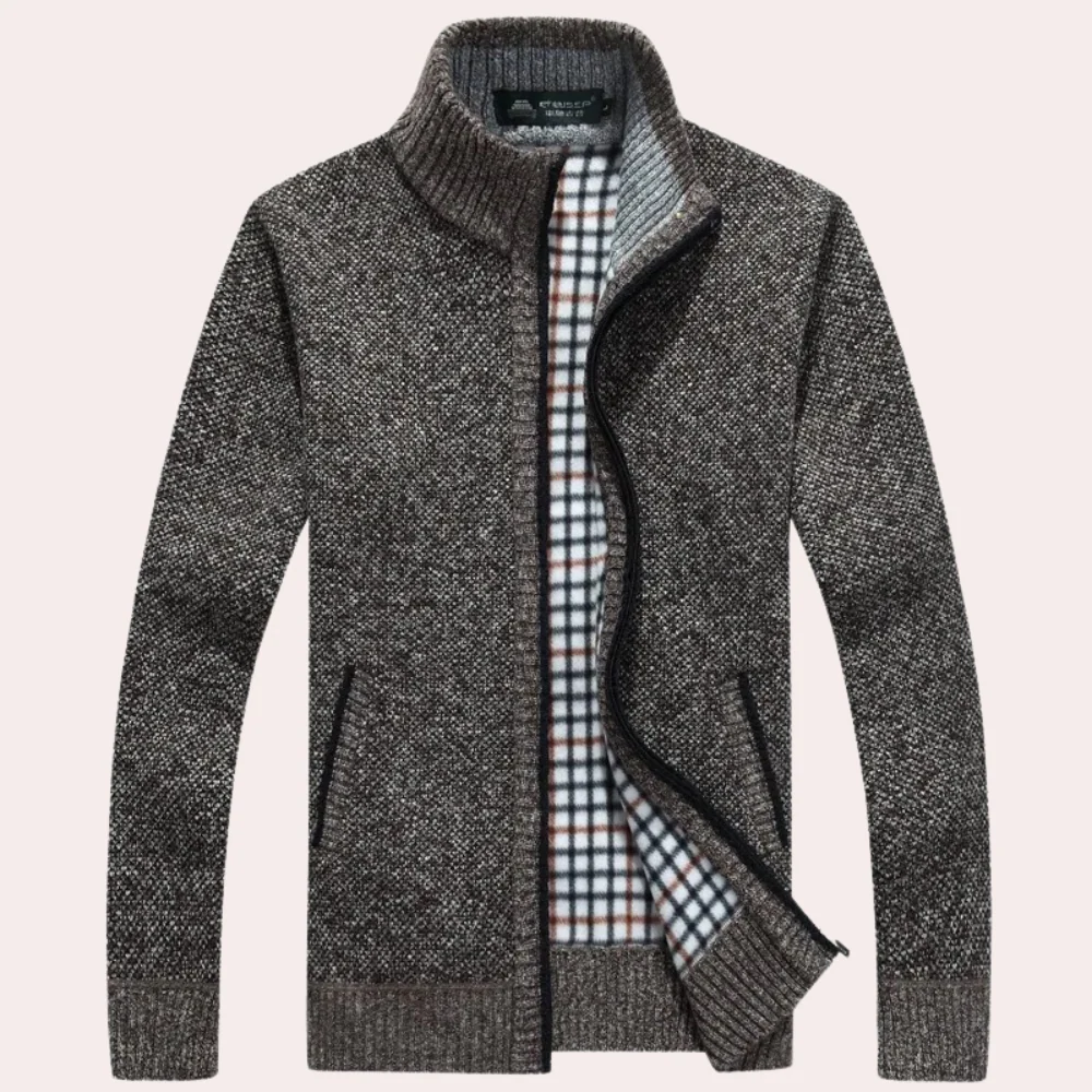 Men's relaxed fit textured knit cardigan with zip front stand collar, versatile smart-casual style