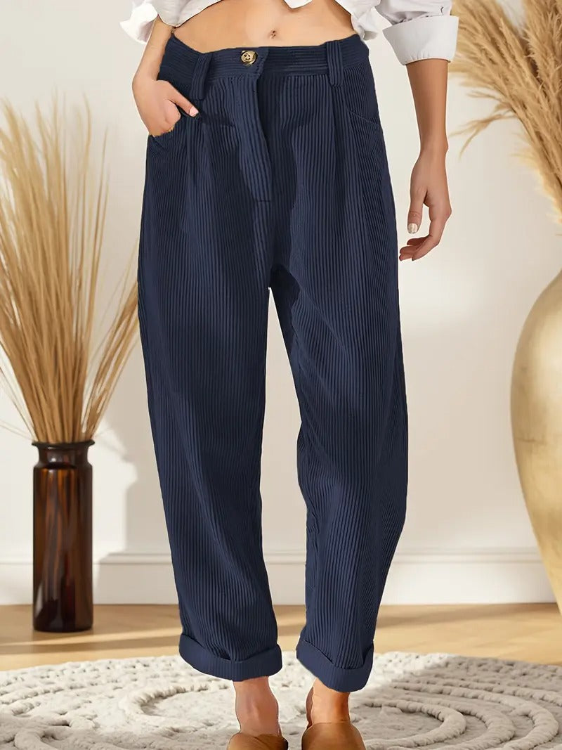 Women's brown corduroy high-rise straight-leg trousers with textured fabric for chic winter style