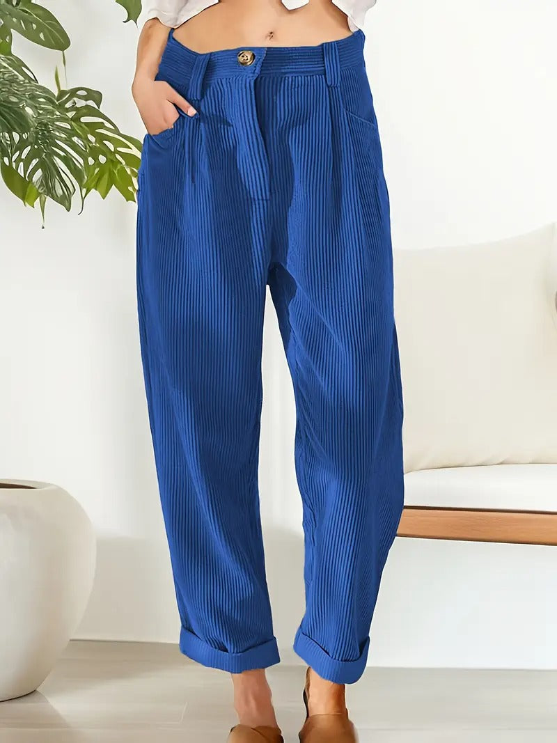 Women's brown corduroy high-rise straight-leg trousers with textured fabric for winter