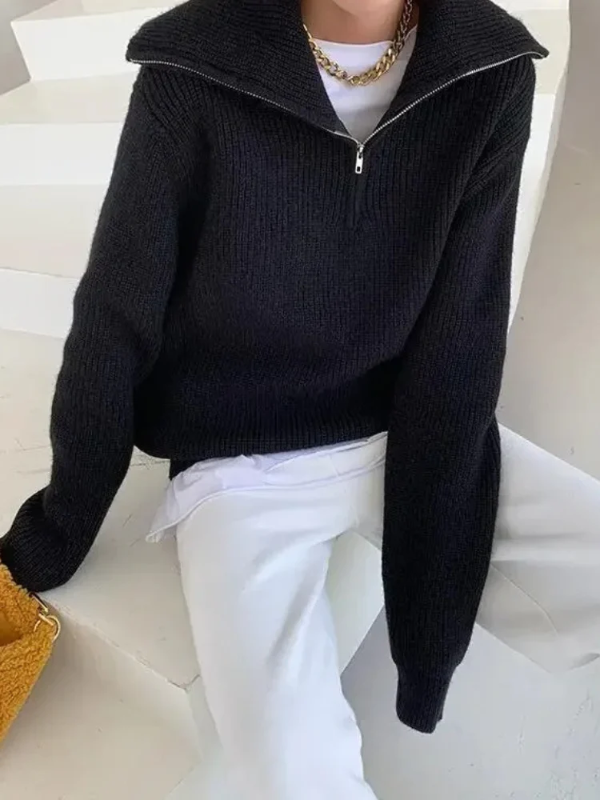 Women's wool-blend relaxed fit pullover sweater warm knit high zip collar ribbed trim