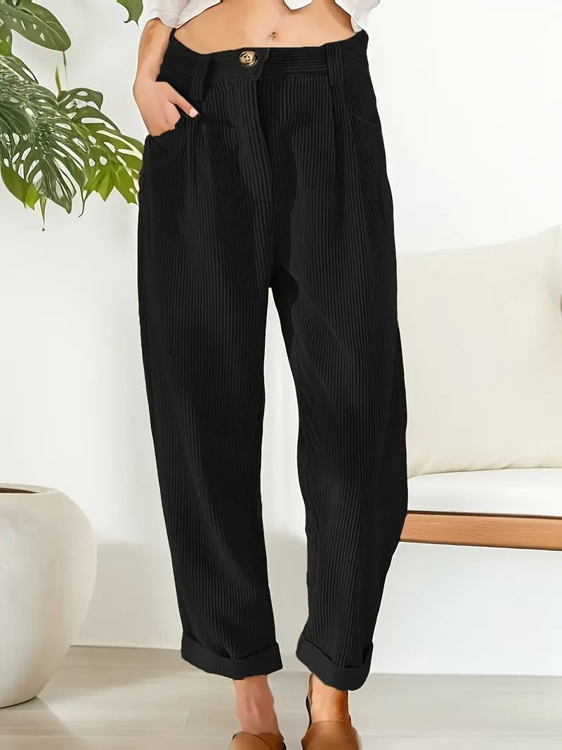 Women's brown corduroy high-rise straight-leg trousers with textured fabric for chic winter style