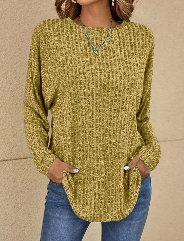 Women's relaxed fit ribbed knit long sleeve top hip length versatile casual layering essential