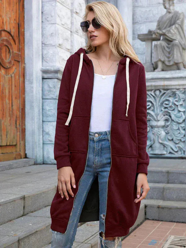 Women's oversized zip-front hoodie long length soft cotton sweatshirt relaxed fit casual style