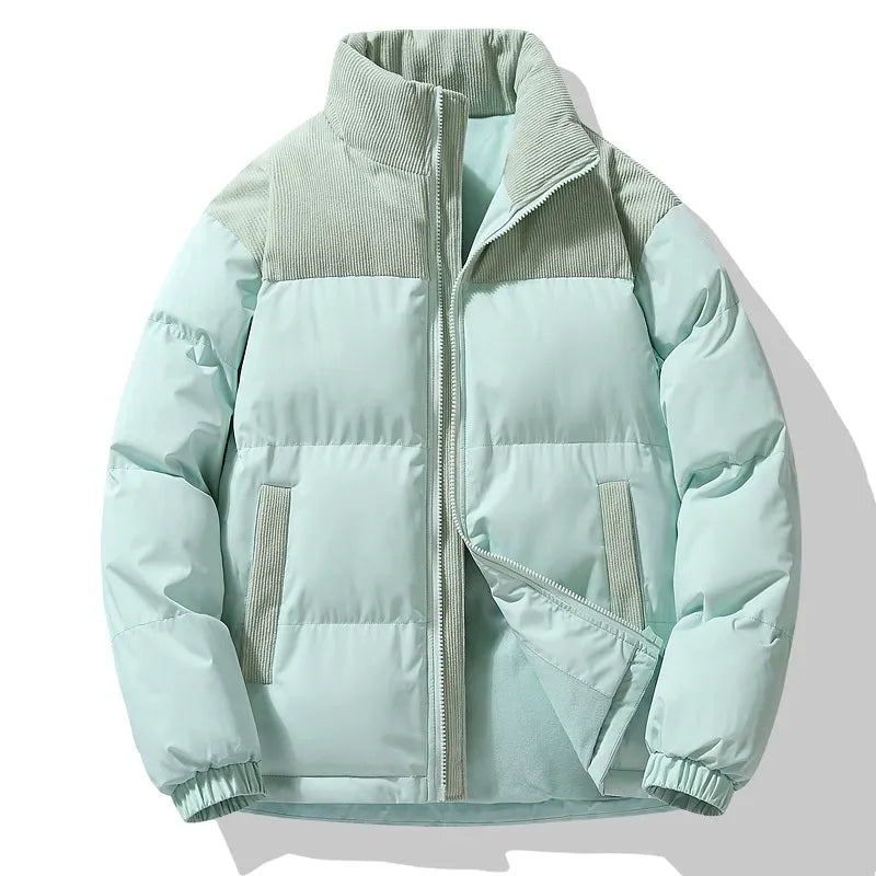 Men's black oversized quilted puffer jacket with corduroy collar and full-length zipper