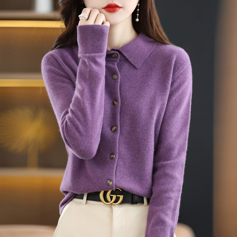 Camel wool blend women's cardigan sweater relaxed fit polo collar button-down professional style