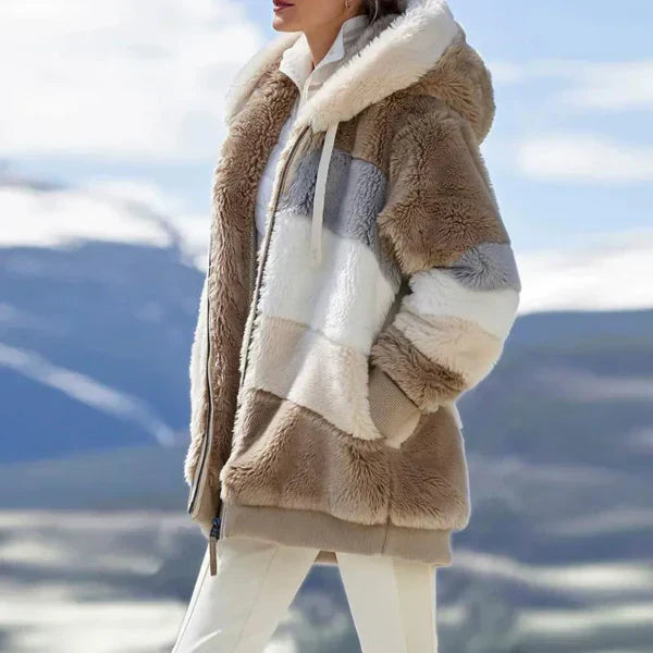 Women's oversized hooded jacket with plush faux fur lining, zip front, city chic winter style