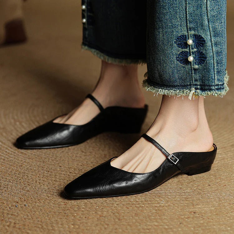 Bellancia women's black leather pointed-toe Mary Jane flats with delicate ankle strap