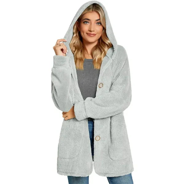 Women's oversized hooded cardigan plush furry knit with pockets cozy layering acrylic blend