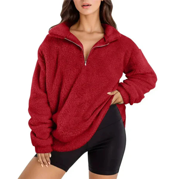 Women's oversized fleece pullover cozy half-zip stand collar casual layering essential fall winter