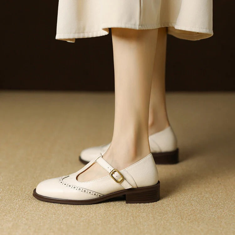 Women's genuine leather Mary Jane T-strap flats with polished sheen and all-day comfort design