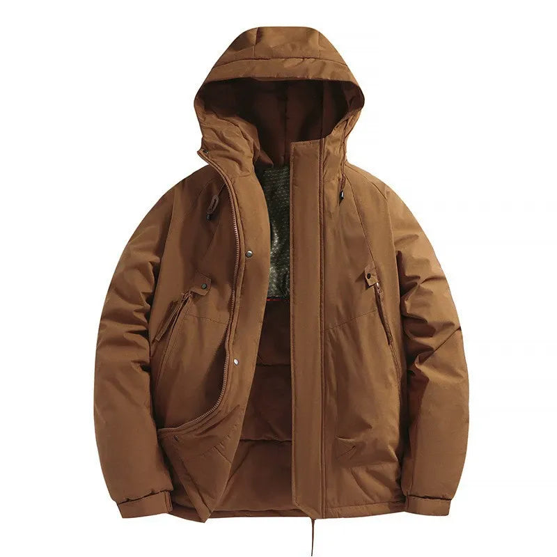 Men's hooded padded jacket insulated windproof relaxed fit for outdoor adventures in neutral tone