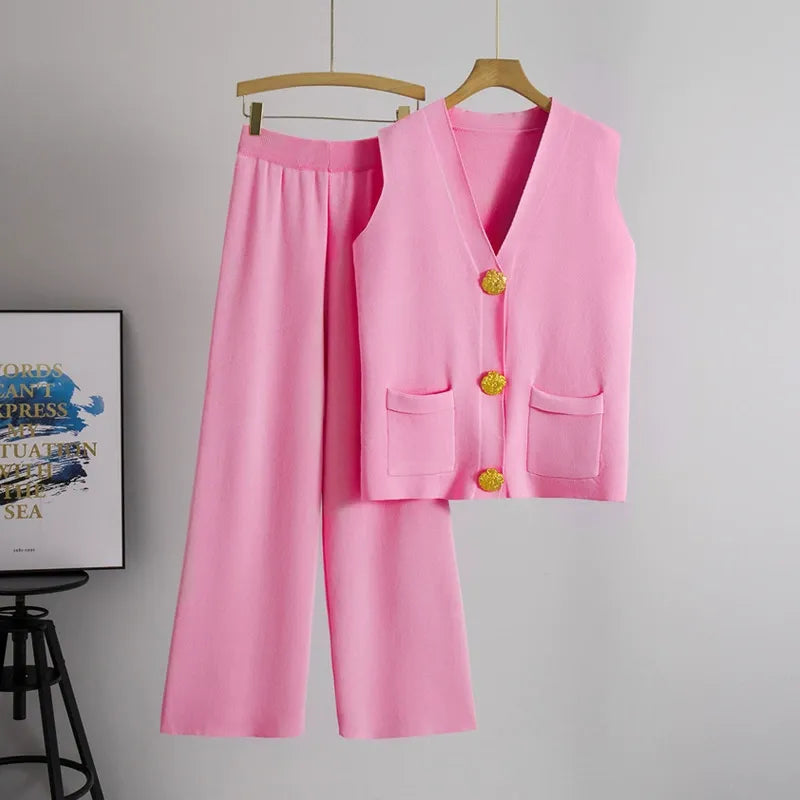 Women's knitted vest two-piece set wide leg trousers relaxed fit button-front everyday chic
