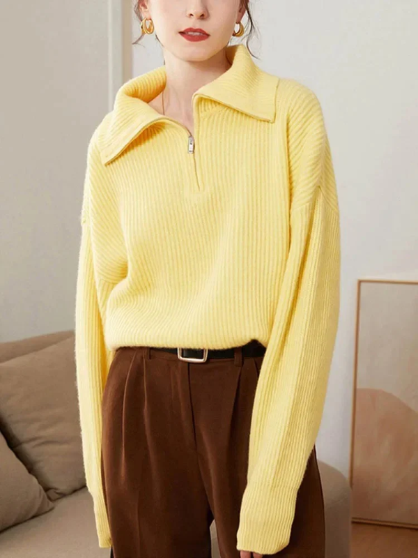 Women's wool-blend relaxed fit pullover sweater warm knit high zip collar ribbed trim