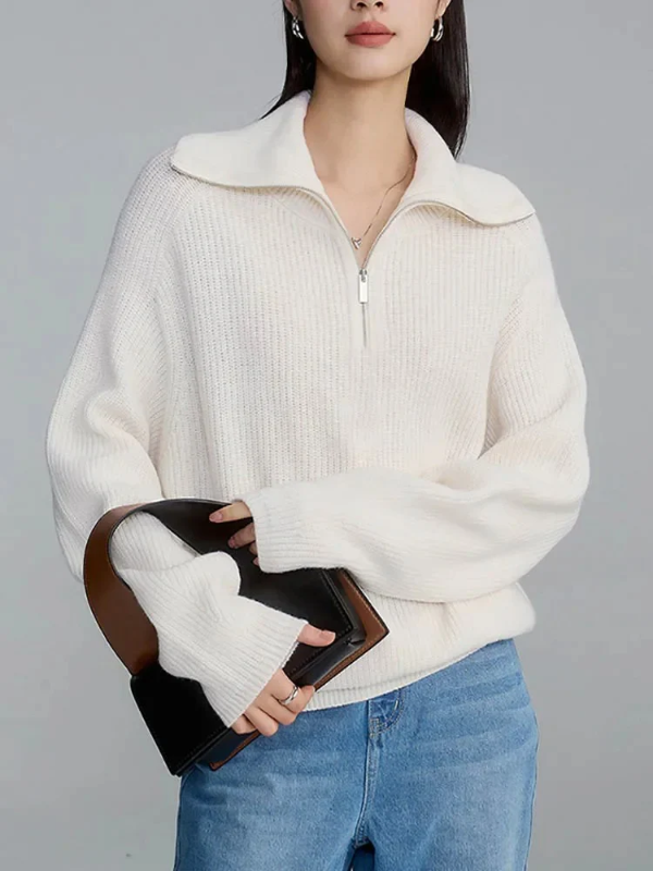 Women's wool-blend relaxed fit pullover sweater warm knit high zip collar ribbed trim