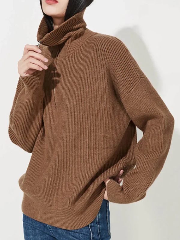 Women's wool-blend pullover sweater relaxed fit high zip collar ribbed trim warm knit