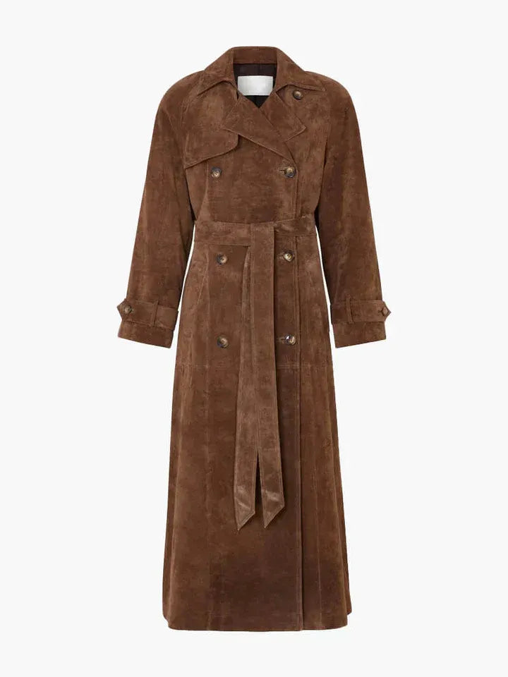 Women's camel suede-texture trench coat tailored fit double-breasted belted waist modern professional