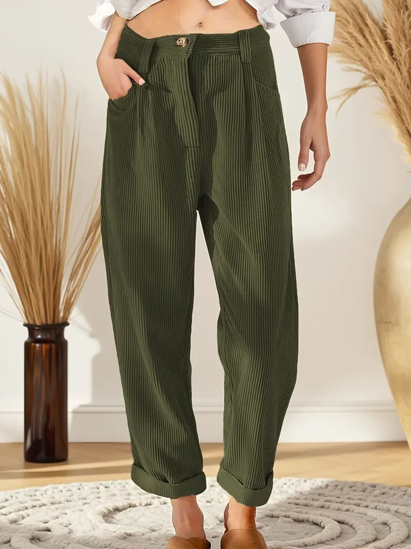 Women's brown corduroy high-rise straight-leg trousers with textured fabric for chic winter style