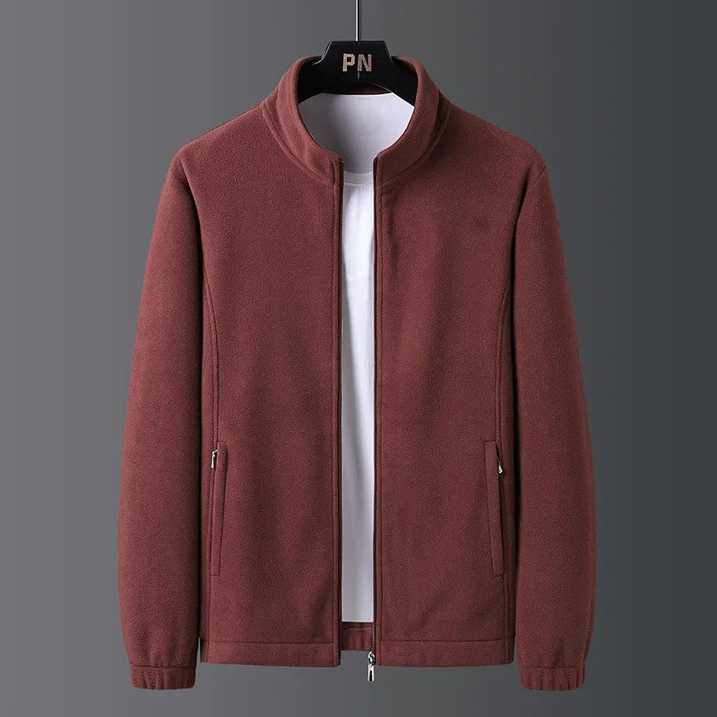 Men's regular fit fleece jacket stand collar full zip casual outdoor layer in neutral tone