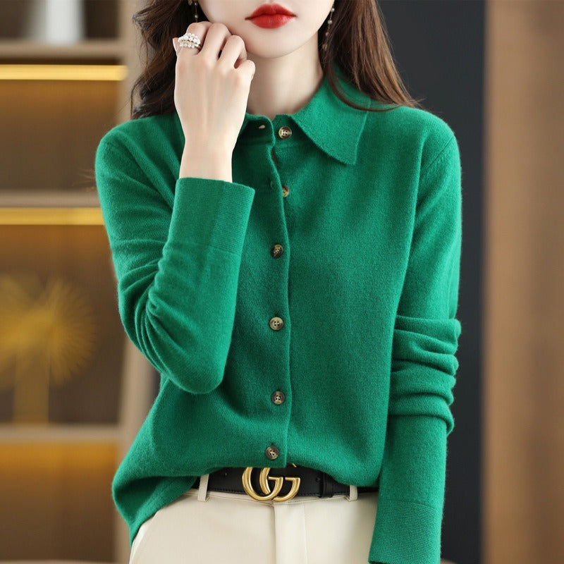 Camel wool blend women's cardigan sweater relaxed fit polo collar button-down professional style