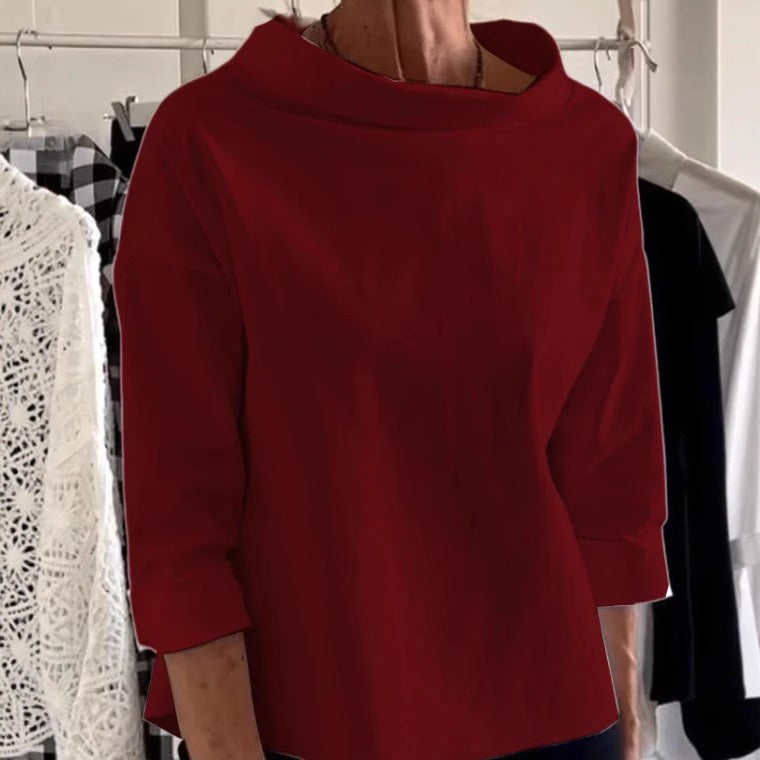 Women's loose fit casual top with wide collar and three-quarter sleeves for everyday comfort