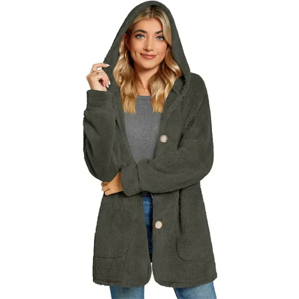 Women's oversized hooded cardigan plush furry knit with pockets cozy layering essential