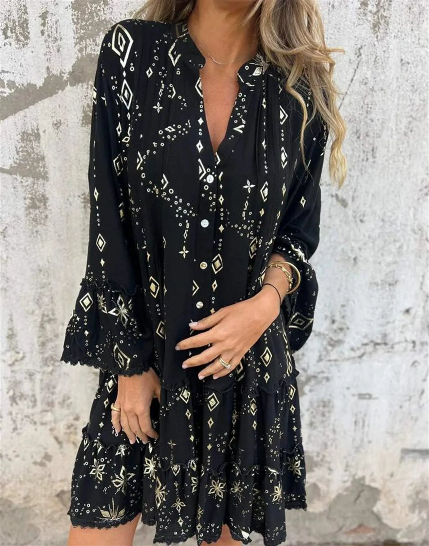 Boho women's flared dress with lace bell sleeves, tiered hem, cotton blend, A-line silhouette