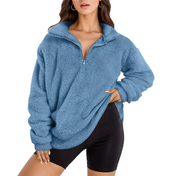 Women's oversized fleece pullover cozy half-zip stand collar casual layering essential fall winter