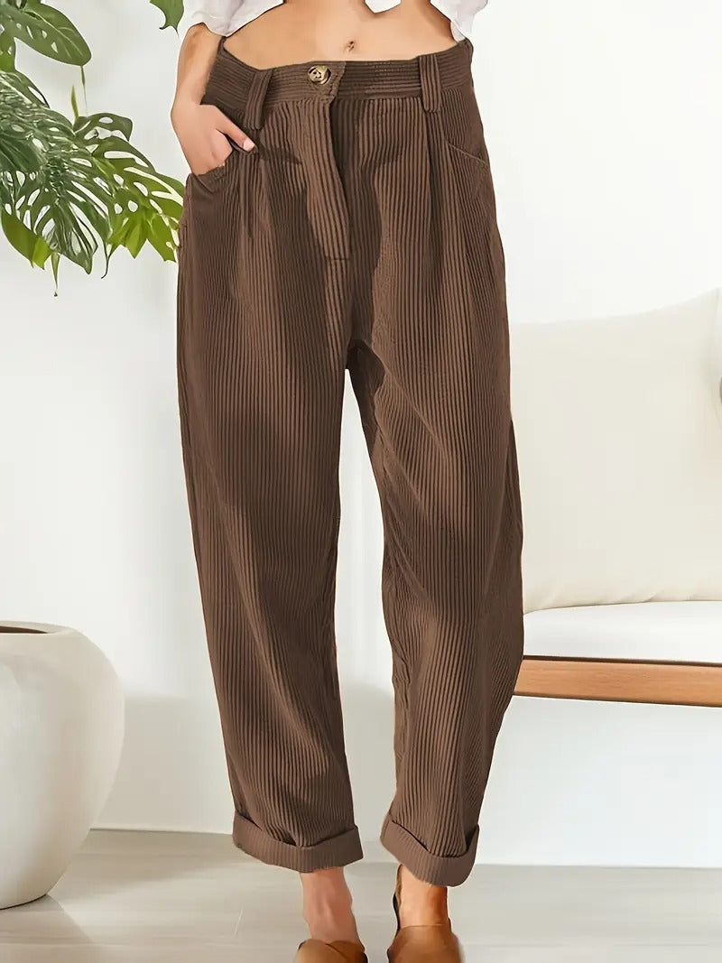 Women's beige corduroy high-rise straight-leg trousers with textured fabric for chic winter style