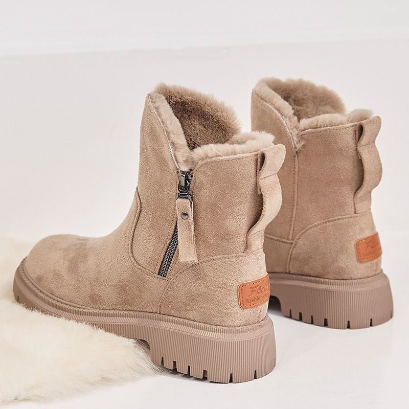 Women's suede-like ankle boots with faux fur lining, side zipper, sleek winter silhouette