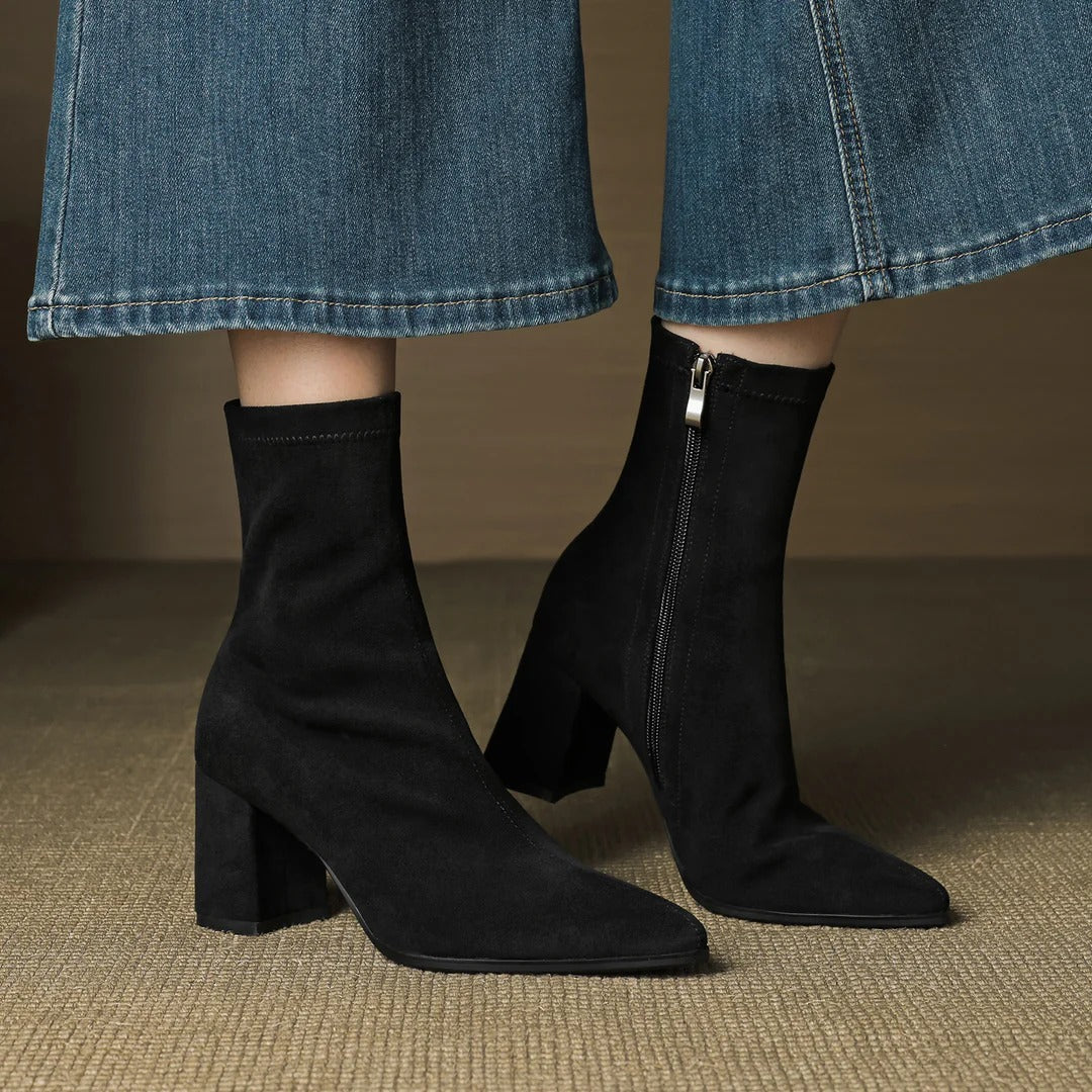 Women's beige stretch suede ankle boots sculpted block heel Parisian chic everyday style