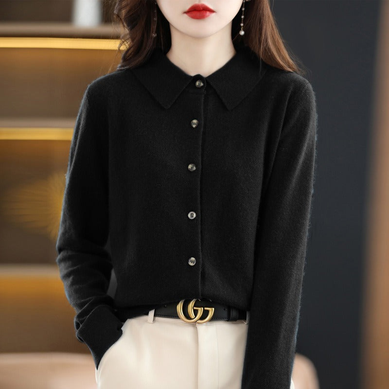Camel wool blend women's cardigan sweater relaxed fit polo collar button-down professional style