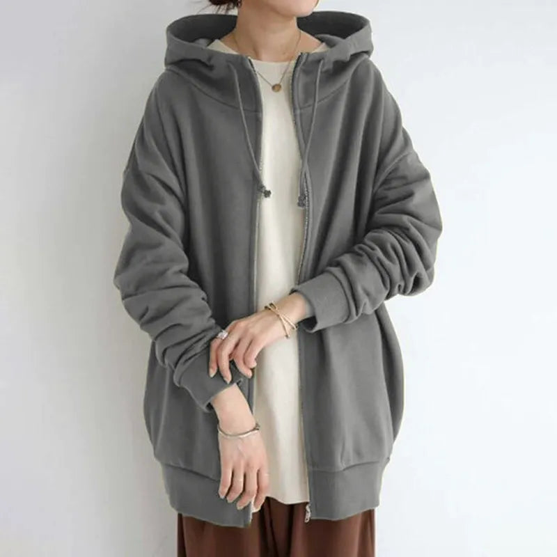 Women's oversized fleece-lined zip-up hoodie streetwear cozy urban style warm casual layering top