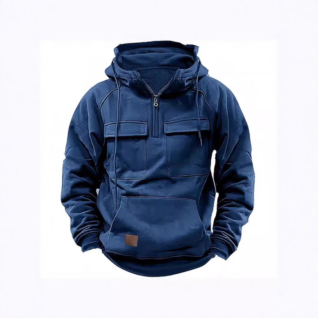 Men's relaxed fit hoodie with half zipper and chest pockets in soft cotton fleece urban style