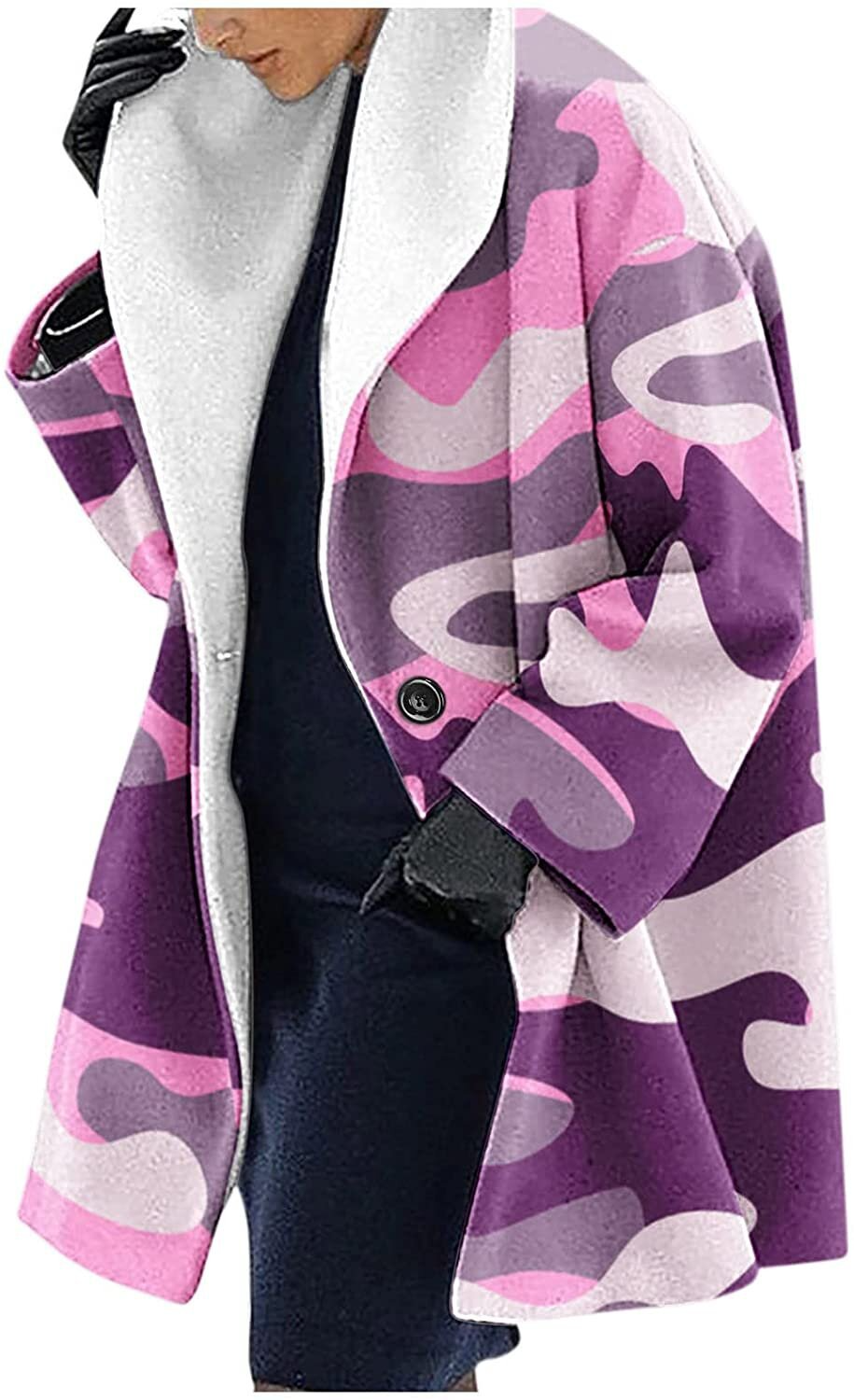 Women's wool blend mid-length hooded coat with bold ethnic floral print, relaxed fit casual outerwear