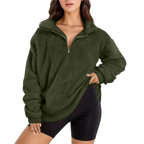 Women's oversized fleece pullover cozy half-zip stand collar casual layering essential fall winter